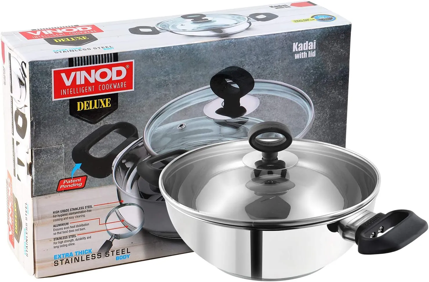 Vinod Deluxe Stainless Steel 24cm 2.8 Litres Kadai with Lid (Induction Base)1