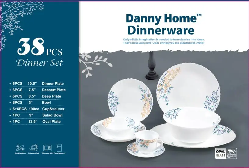 Danny Home 38Pcs Round Dinner Set- Blue Chrysanthemum & Daisies