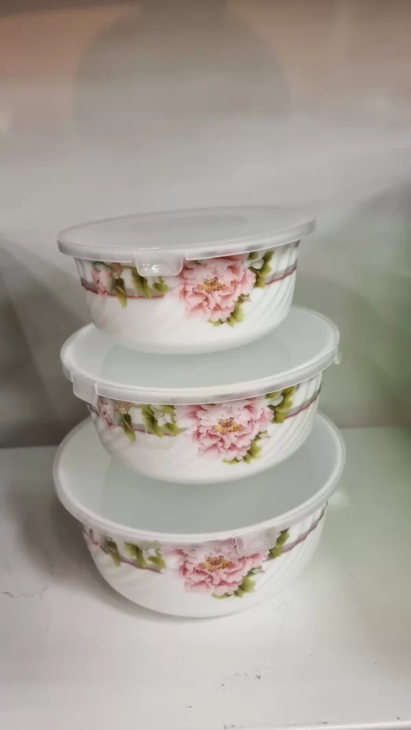 Danny Home 3pcs Bowl Casserole Set with Plastic Lid- Pink Roses